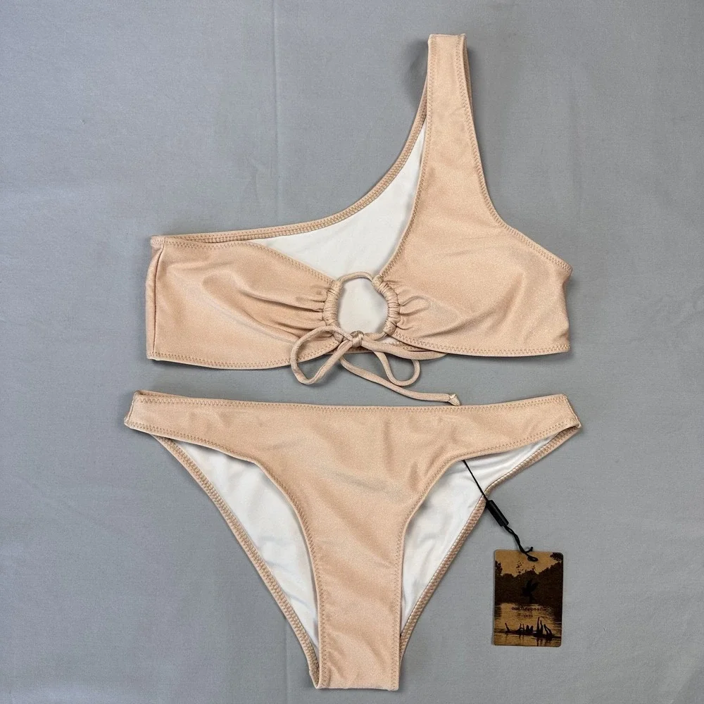 OneTeaspoon Bikini Swimsuit Womens 10 Nude One Shoulder High Waist Two Piece New